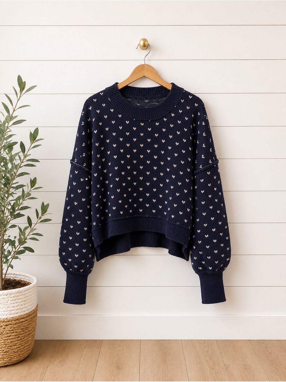 💙🤍Navy & White Puff Sleeve Sweater | Textured Knit Oversized Pullover | Medium